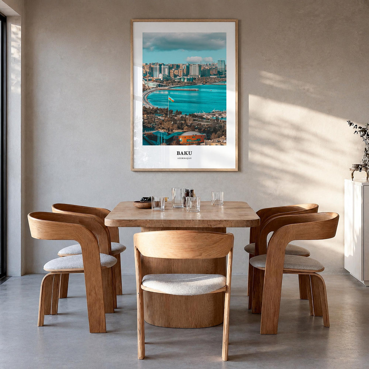 Baku colorful classic poster of Azerbaijan – vertical wall art in natural wood frame, hanging on wall