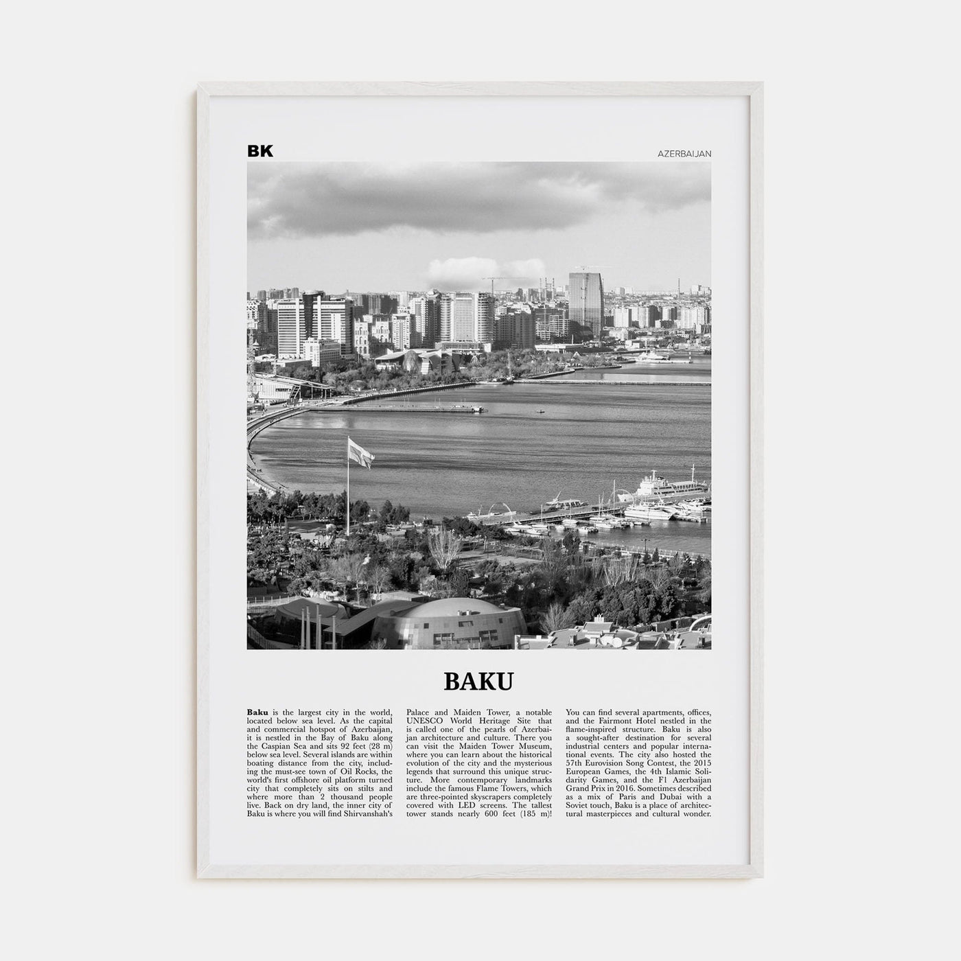 Baku Poster White Wood / 8x12 in Nbourhood Travel B&W Poster