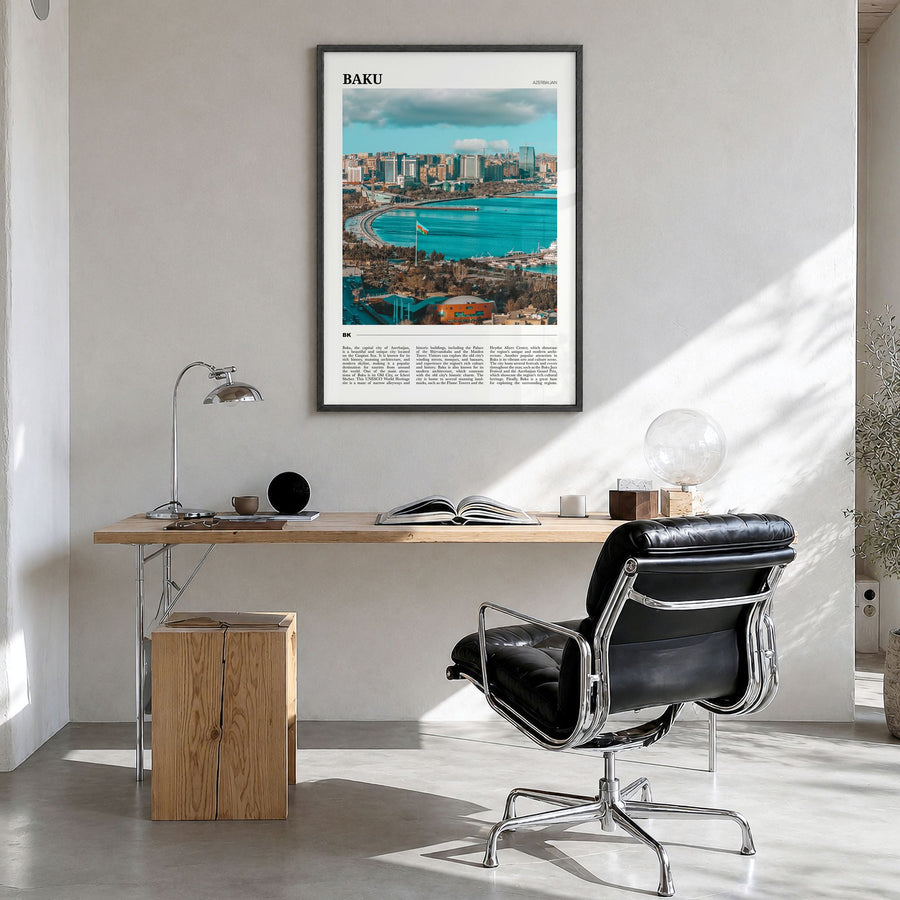 Baku Travel Poster in a black wood frame, hanging in a bright home office
