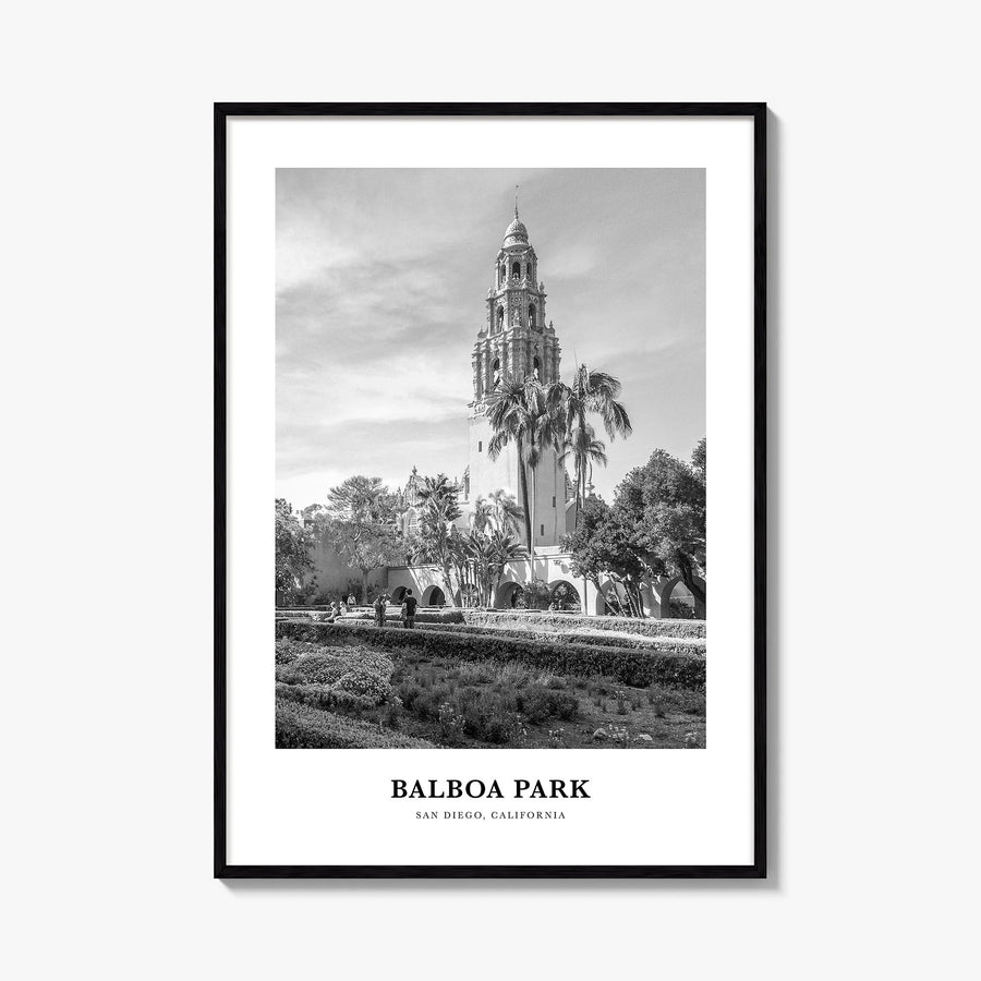 Balboa Park black & white classic poster of San Diego, California – vertical wall art, unframed print shown in interior mocku