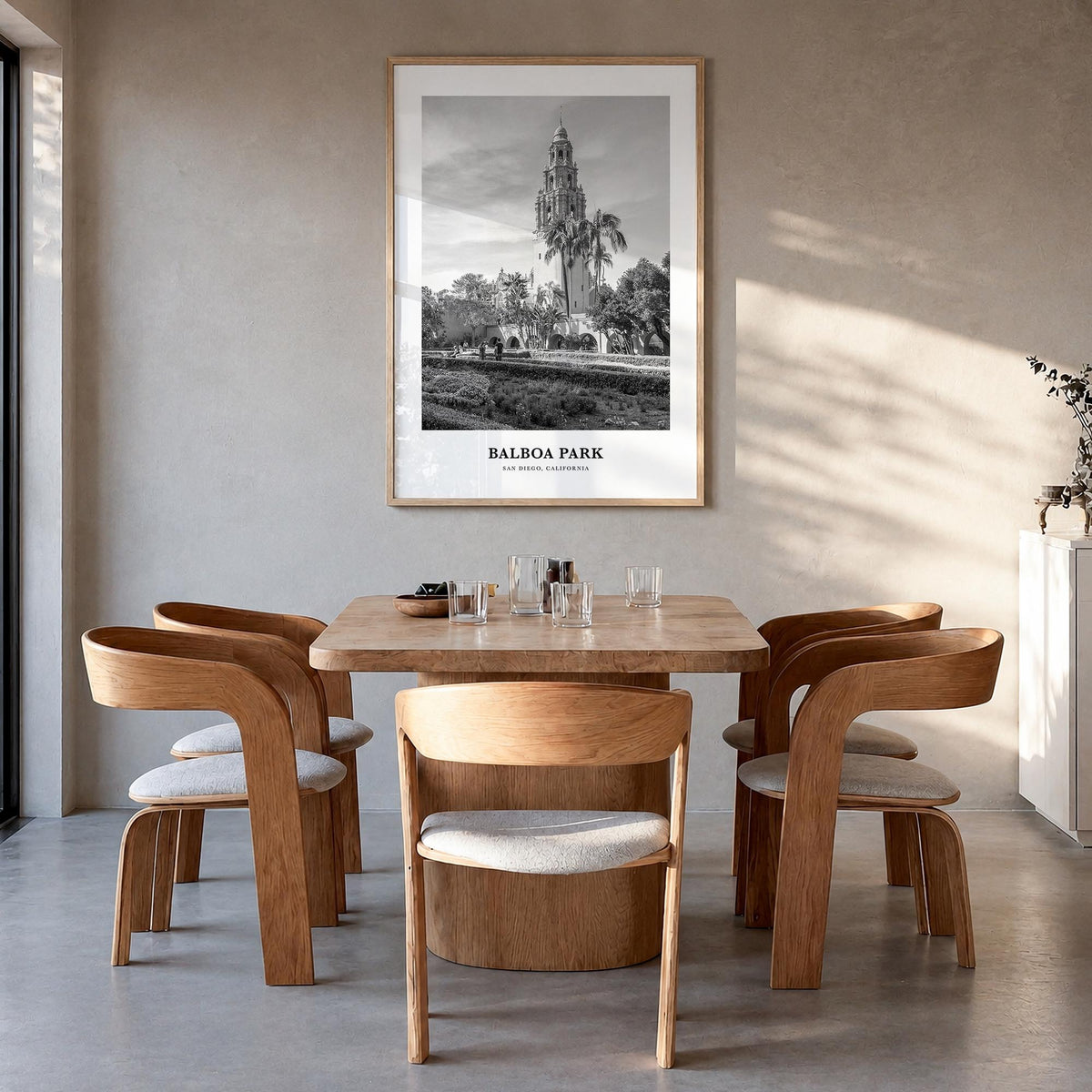 Balboa Park black & white classic poster of San Diego, California – vertical wall art in natural wood frame, hanging on wall