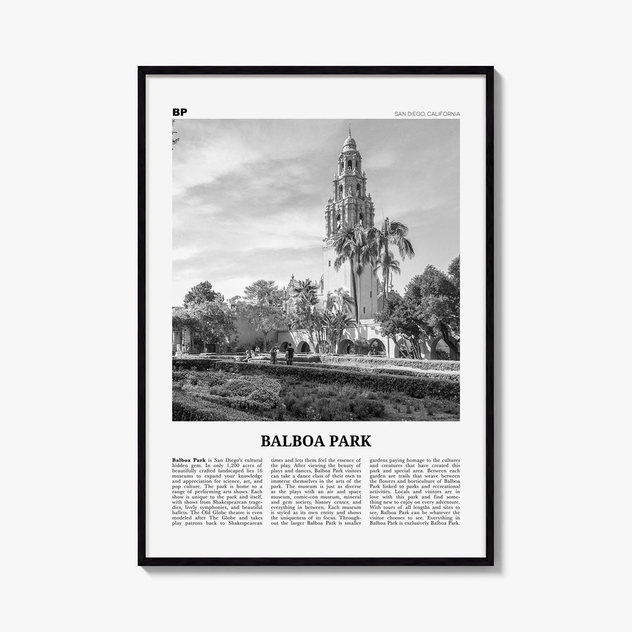 Balboa Park black & white newspaper poster of San Diego, California – vertical wall art, unframed print shown in interior moc