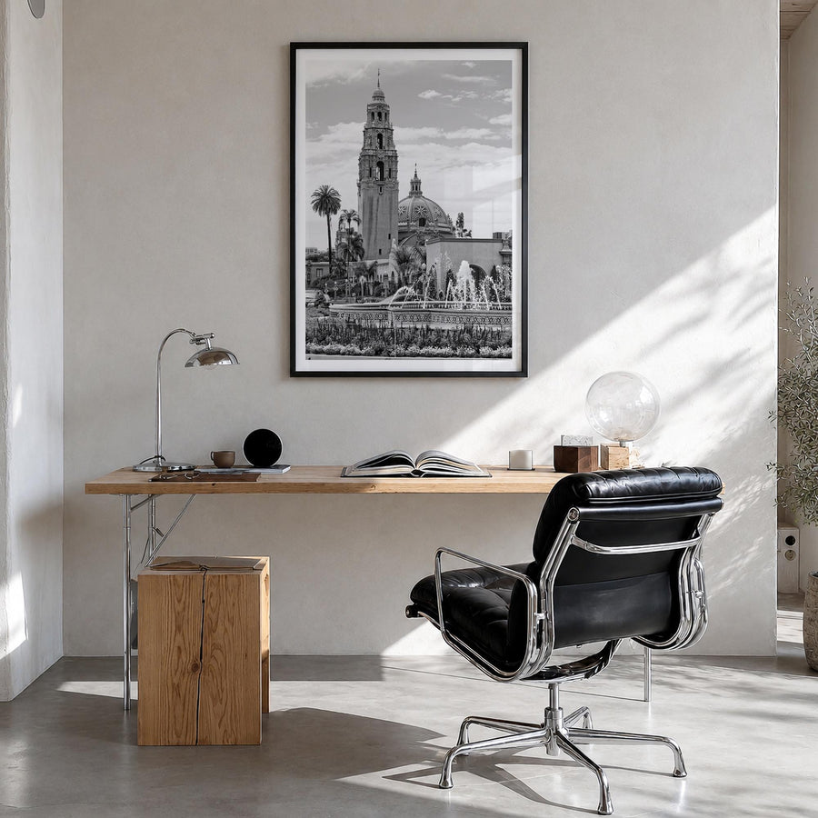 Balboa Park black & white photo poster of San Diego, California – vertical wall art in black wood frame with white border, ha