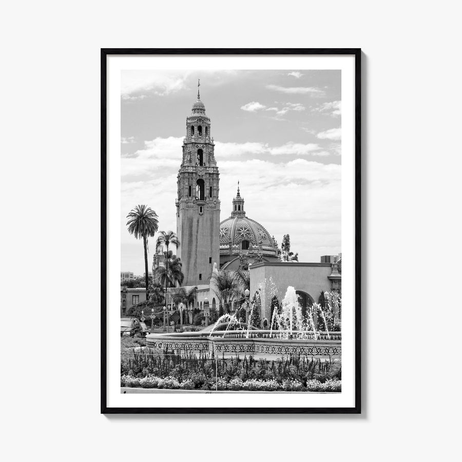 Balboa Park black & white photo poster of San Diego, California – vertical wall art, unframed print shown in interior mockup