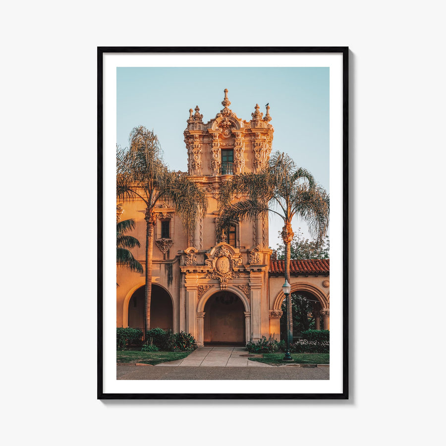 Balboa Park colorful photo poster of San Diego, California – vertical wall art, unframed print shown in interior mockup