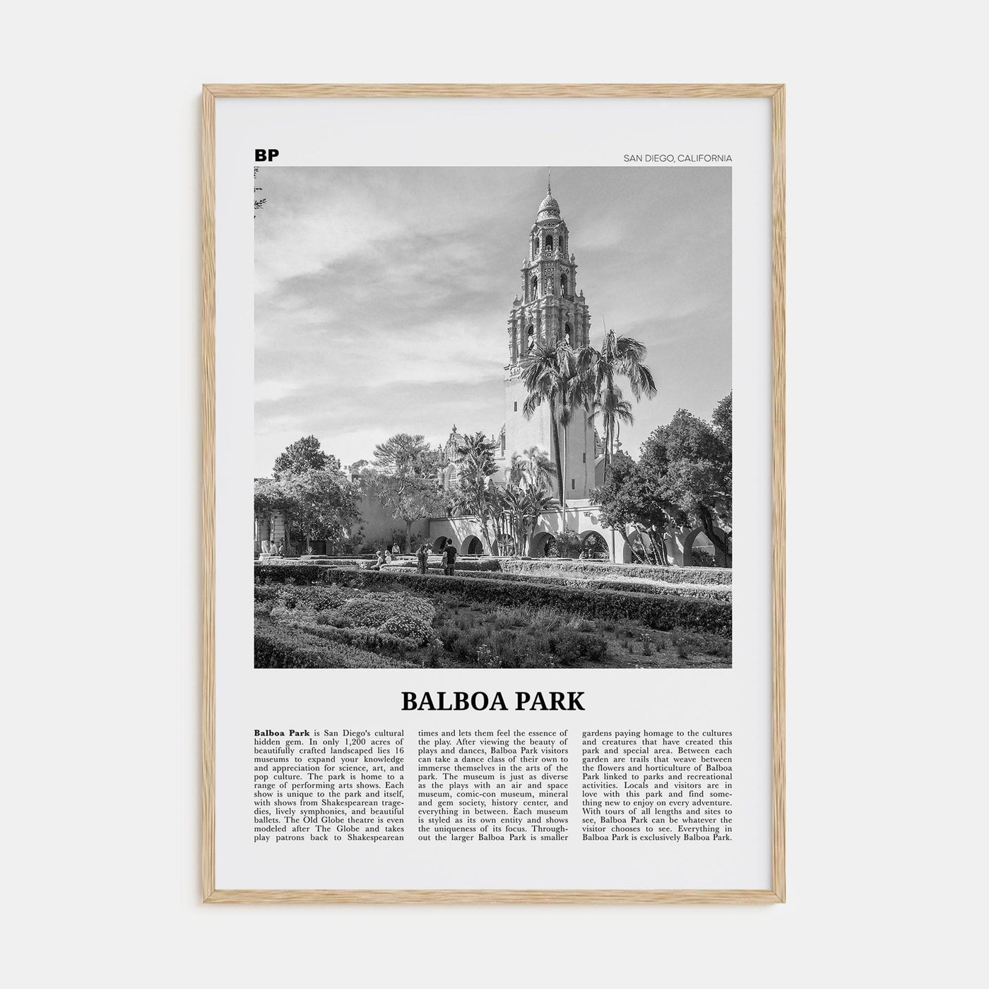 Balboa Park Poster Natural Wood / 8x12 in Nbourhood Travel B&W Poster