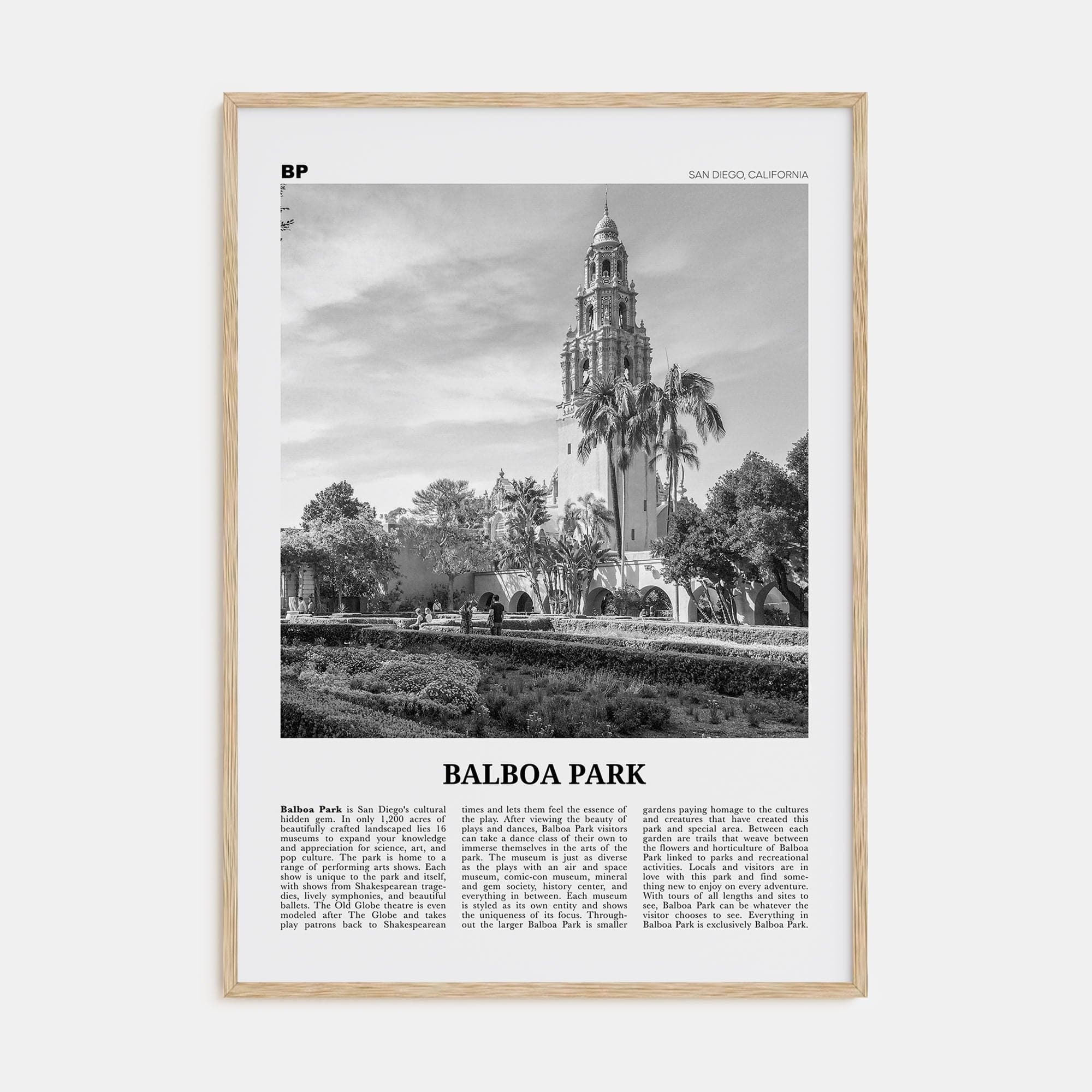 Balboa Park Poster Natural Wood / 8x12 in Nbourhood Travel B&W Poster