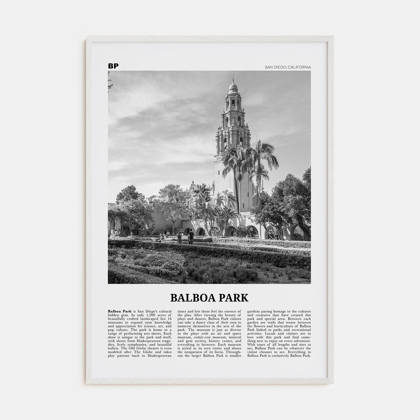 Balboa Park Poster White Wood / 8x12 in Nbourhood Travel B&W Poster