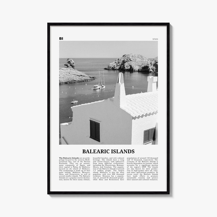 Balearic Islands black & white newspaper poster of Spain – vertical wall art, unframed print shown in interior mockup
