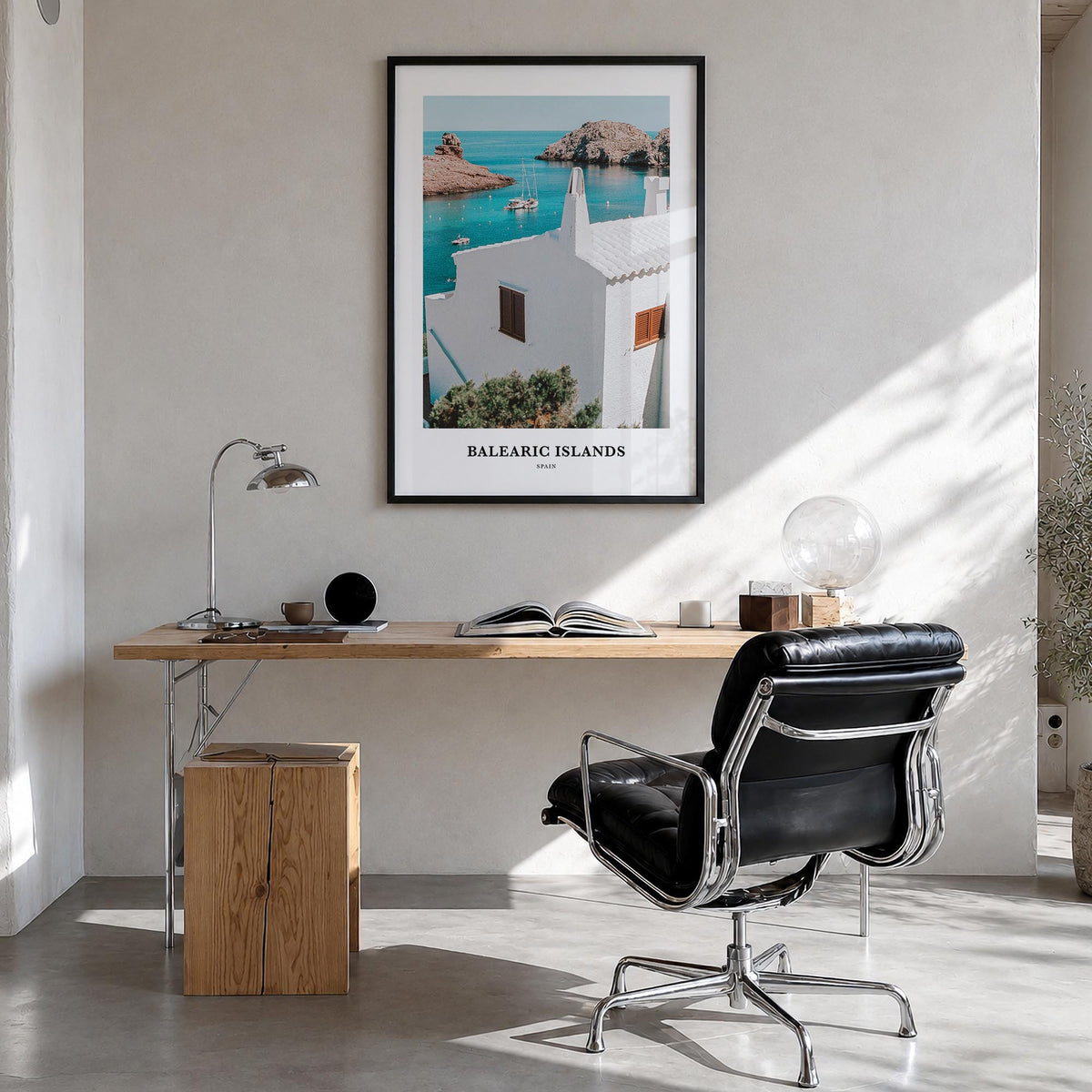 Balearic Islands colorful classic poster of Spain – vertical wall art in black wood frame, hanging on wall