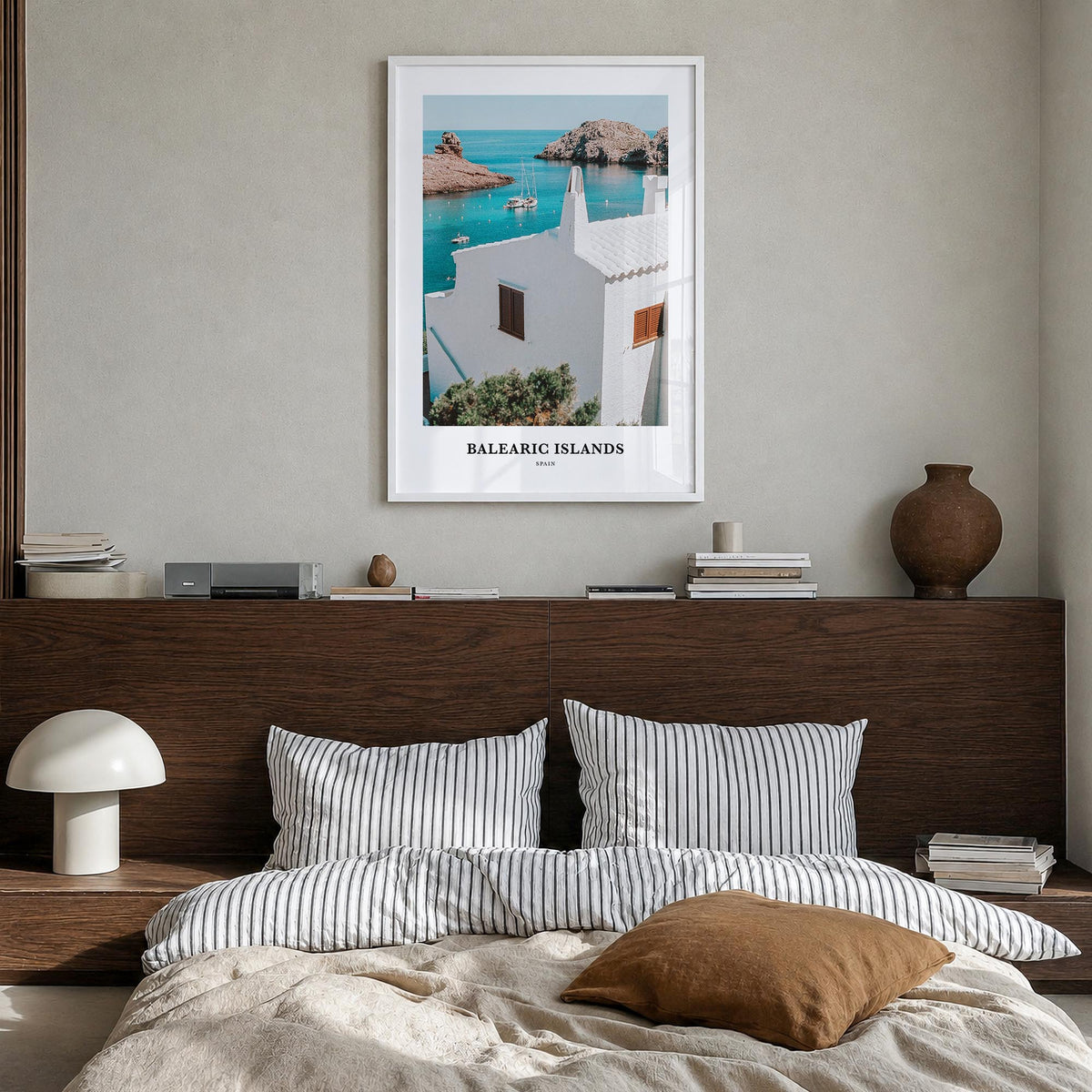 Balearic Islands colorful classic poster of Spain – vertical wall art in white wood frame, hanging on wall