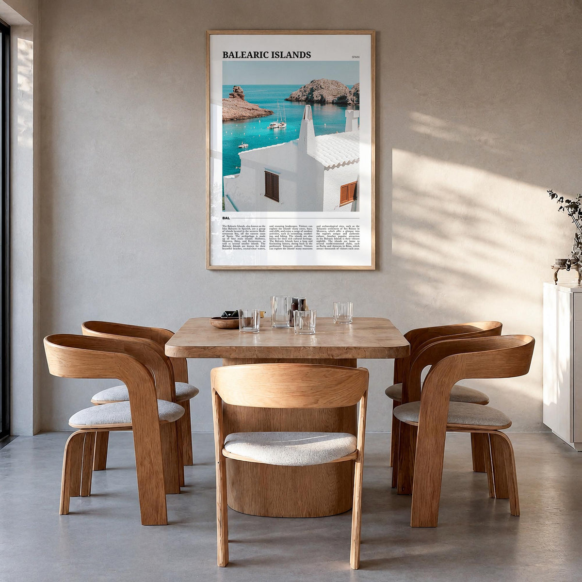 Balearic Islands colorful travel poster of Spain – vertical wall art in natural wood frame, hanging on wall