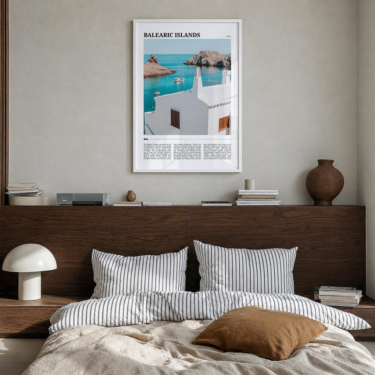 Balearic Islands colorful travel poster of Spain – vertical wall art in white wood frame, hanging on wall