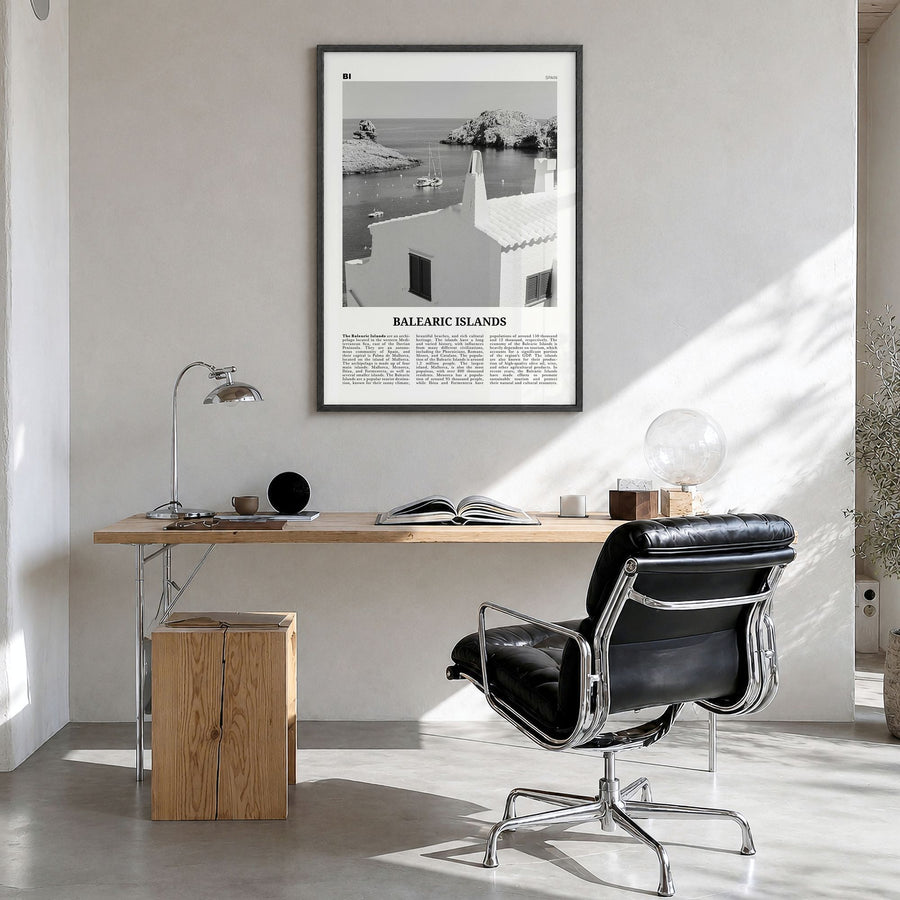 Balearic Islands Newspaper Poster in a black wood frame, hanging in a bright home office