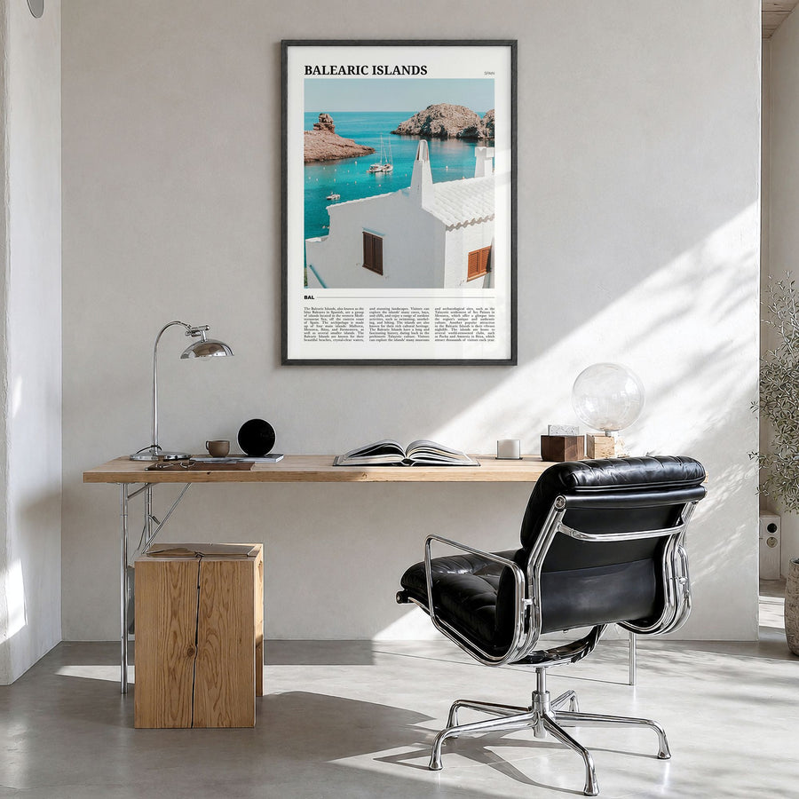 Balearic Islands Travel Poster in a black wood frame, hanging in a bright home office