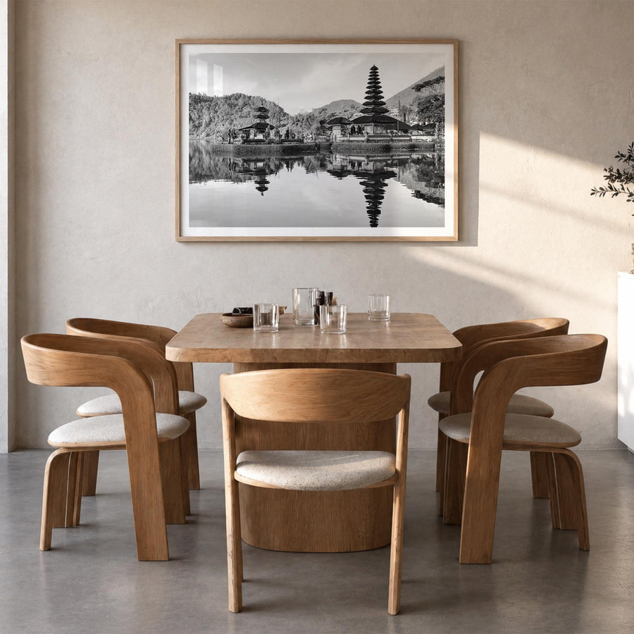 Bali black & white photo poster of Indonesia – horizontal wall art in natural wood frame with white border, hanging on wall
