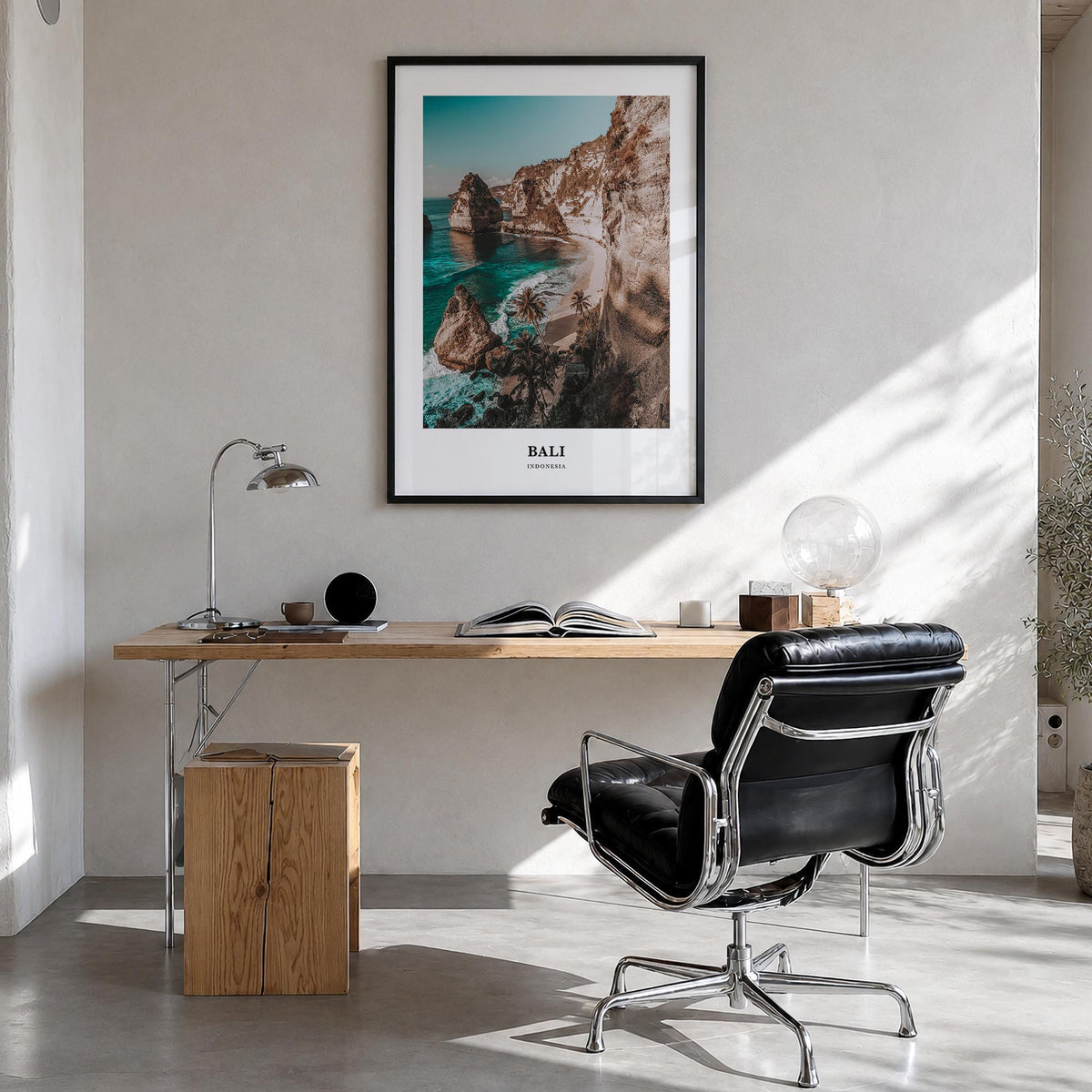 Bali colorful classic poster of Indonesia – vertical wall art in black wood frame, hanging on wall