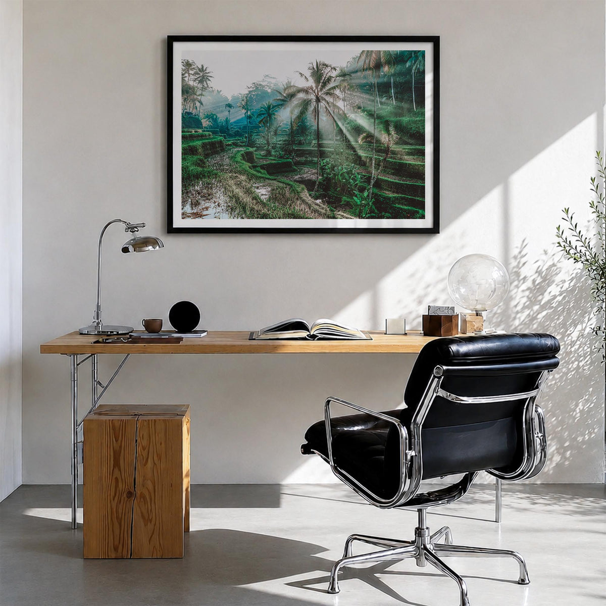 Bali colorful photo poster of Indonesia – horizontal wall art in black wood frame with white border, hanging on wall