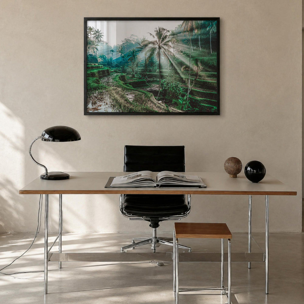 Bali colorful photo poster of Indonesia – horizontal wall art in black wood frame, hanging on wall