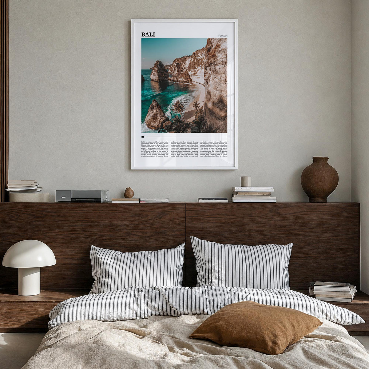 Bali colorful travel poster of Indonesia – vertical wall art in white wood frame, hanging on wall