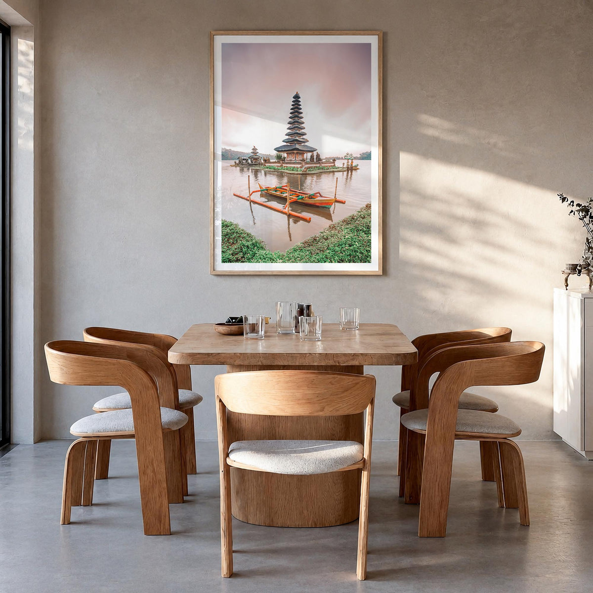 Bali no. 1 colorful photo poster of Indonesia – vertical wall art in natural wood frame with white border, hanging on wall
