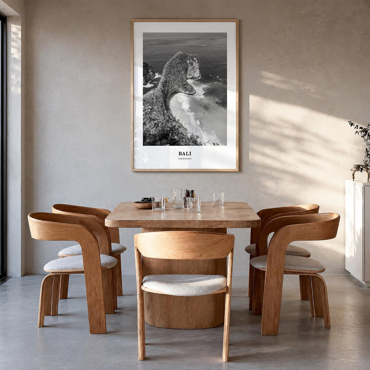Bali no. 2 black & white classic poster of Indonesia – vertical wall art in natural wood frame, hanging on wall