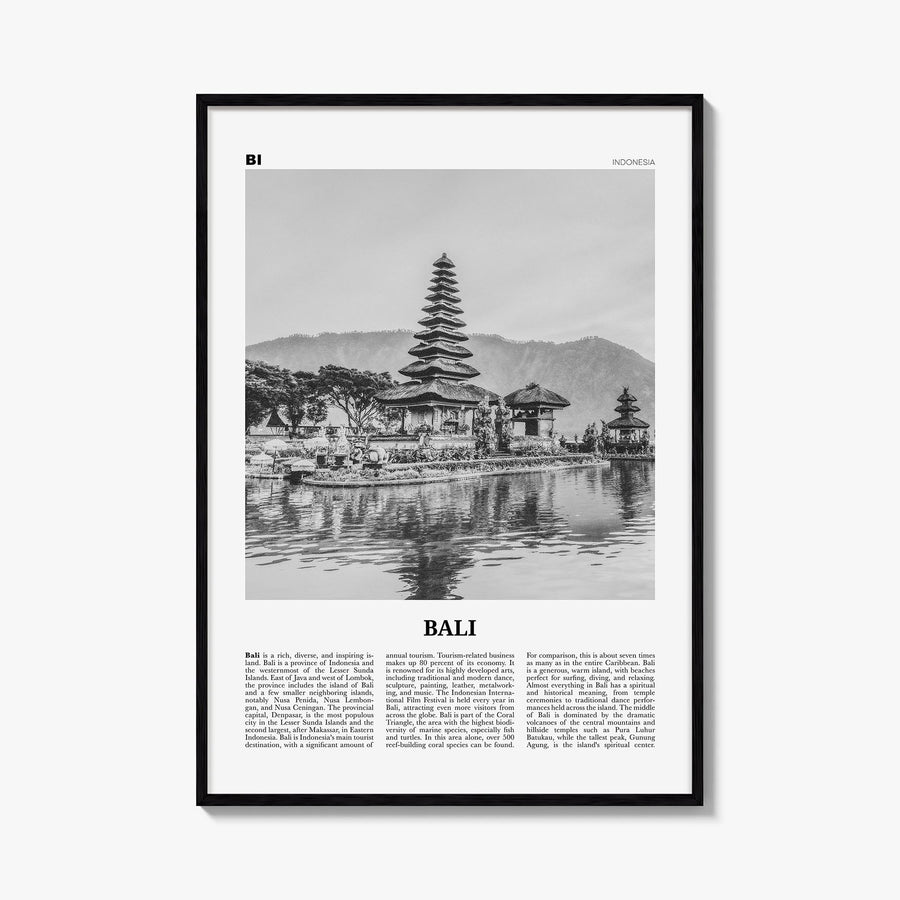 Bali no. 2 black & white newspaper poster of Indonesia – vertical wall art, unframed print shown in interior mockup