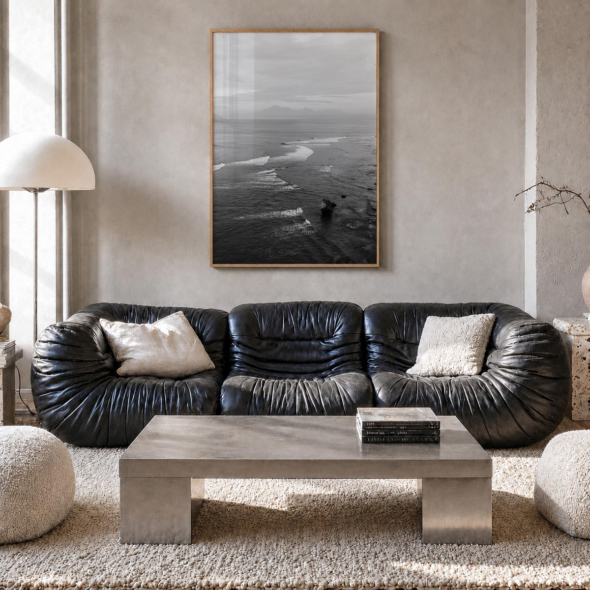 Bali no. 2 black & white photo poster of Indonesia – vertical wall art in natural wood frame, hanging on wall