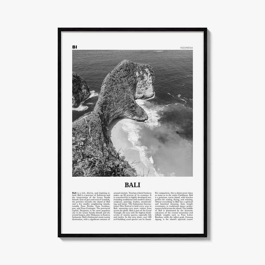 Bali no. 3 black & white newspaper poster of Indonesia – vertical wall art, unframed print shown in interior mockup