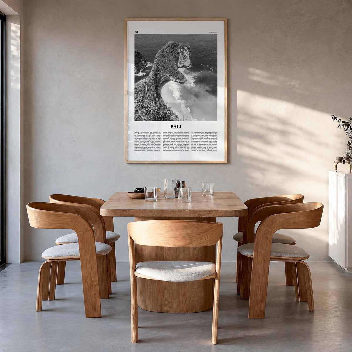 Bali no. 3 black & white newspaper poster of Indonesia – vertical wall art in natural wood frame, hanging on wall