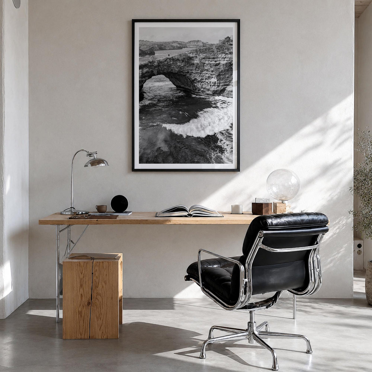 Bali no. 3 black & white photo poster of Indonesia – vertical wall art in black wood frame with white border, hanging on wall