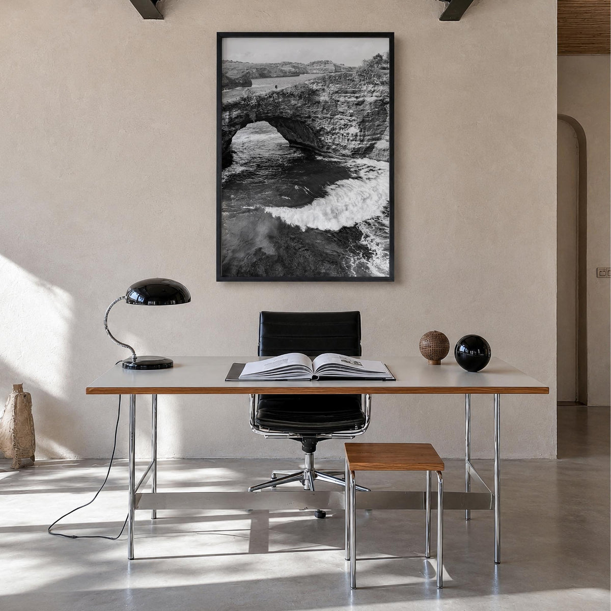 Bali no. 3 black & white photo poster of Indonesia – vertical wall art in black wood frame, hanging on wall