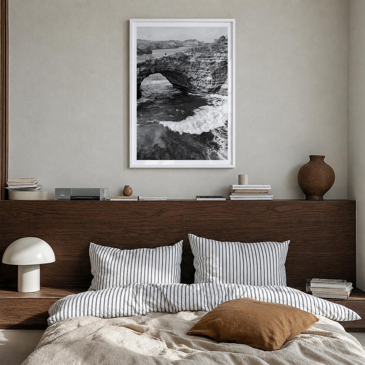 Bali no. 3 black & white photo poster of Indonesia – vertical wall art in white wood frame with white border, hanging on wall
