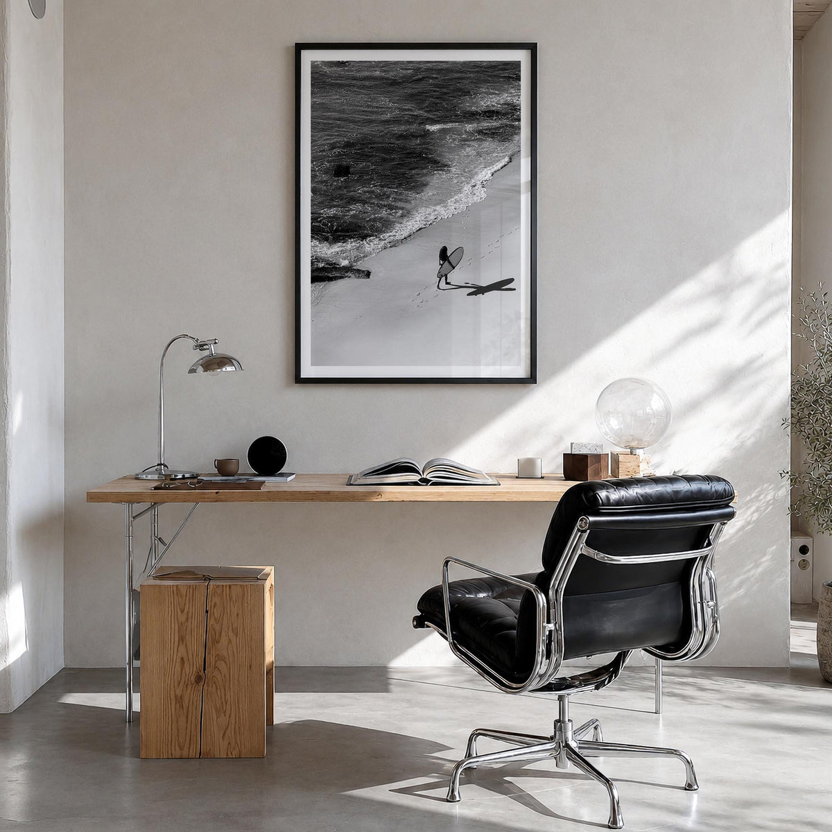 Bali no. 4 black & white photo poster of Indonesia – vertical wall art in black wood frame with white border, hanging on wall