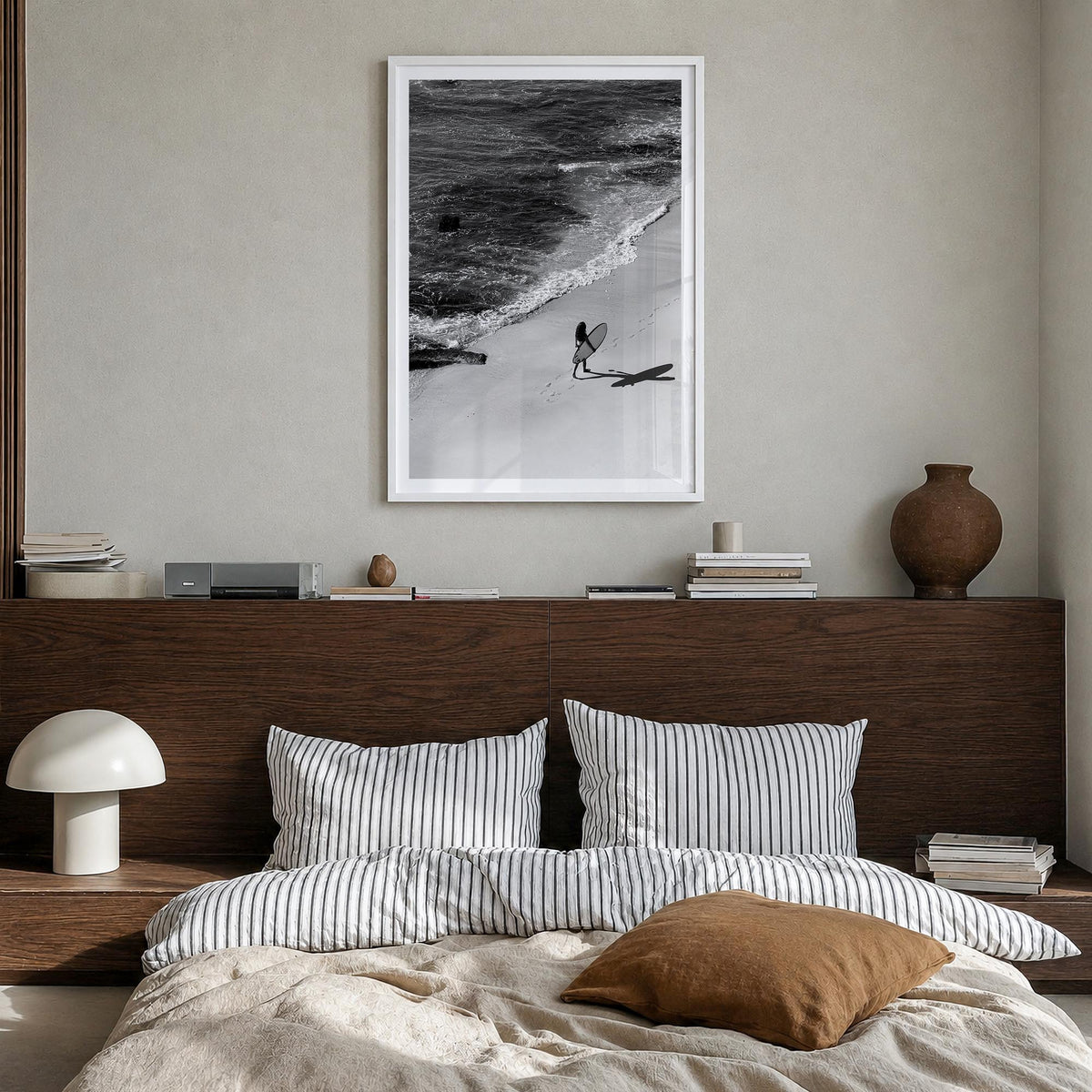 Bali no. 4 black & white photo poster of Indonesia – vertical wall art in white wood frame with white border, hanging on wall