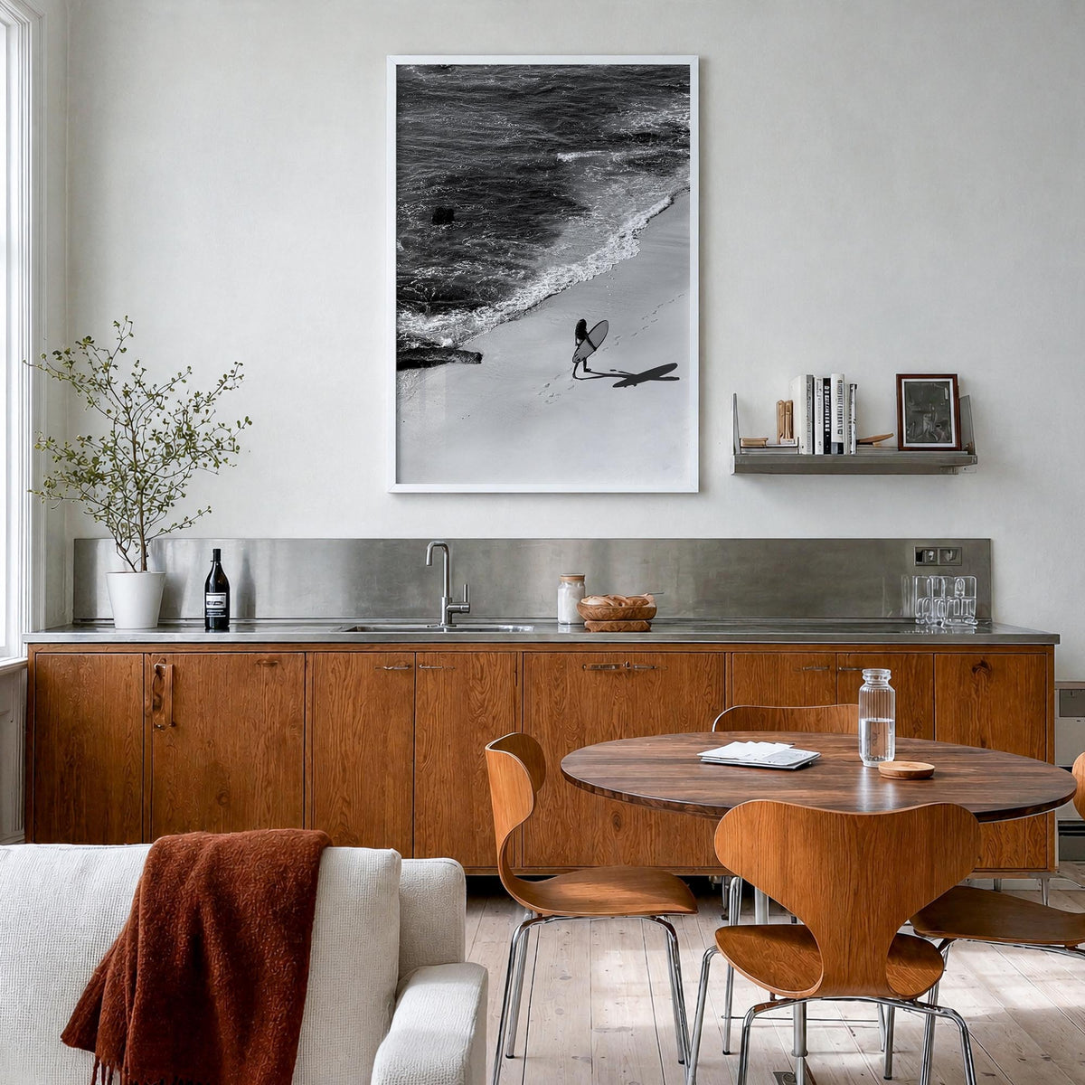 Bali no. 4 black & white photo poster of Indonesia – vertical wall art in white wood frame, hanging on wall