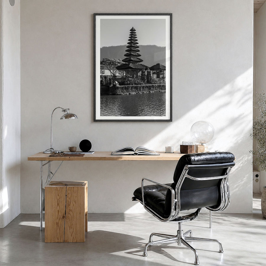 Bali Photo No 1 Poster in a black wood frame, hanging in a bright home office, white border