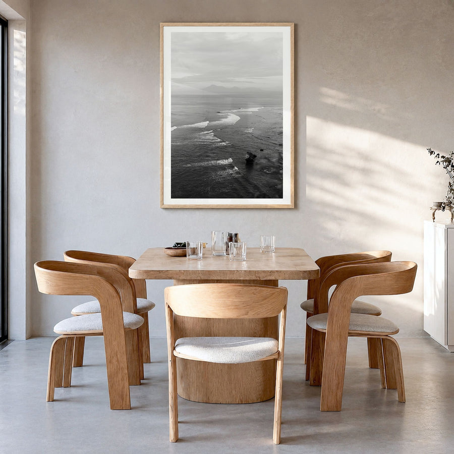 Bali Photo No 2 Poster in a natural wood frame, hanging in a dining room, white border