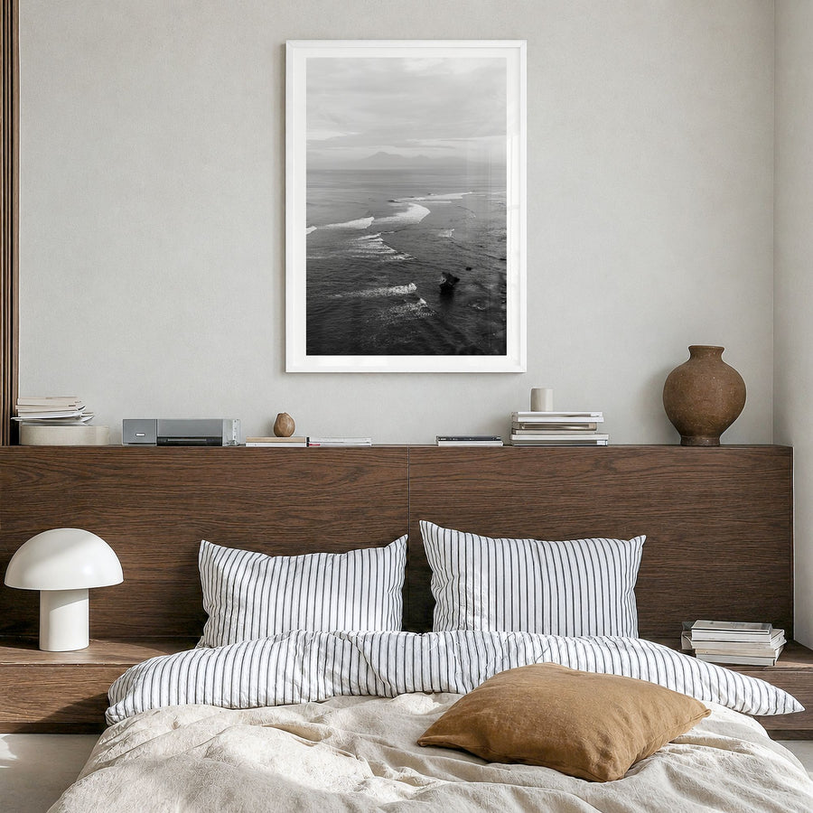 Bali Photo No 2 Poster in a white wood frame, hanging in a bedroom, white border