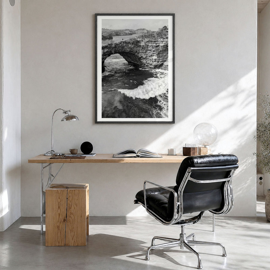 Bali Photo No 3 Poster in a black wood frame, hanging in a bright home office, white border