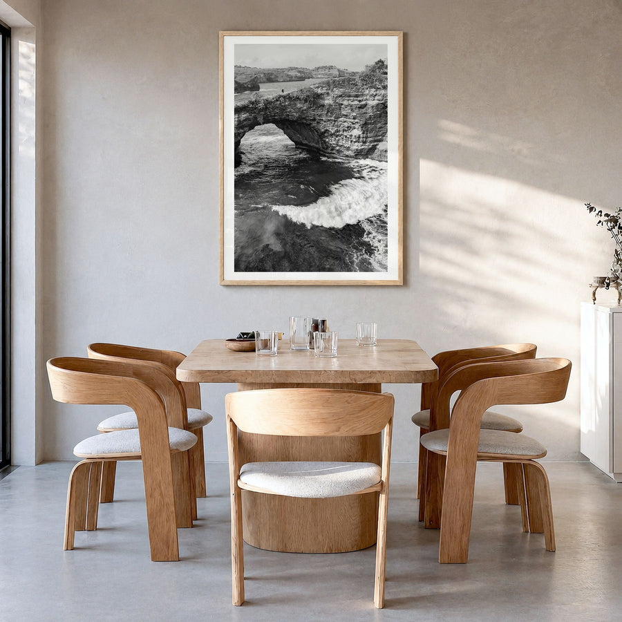 Bali Photo No 3 Poster in a natural wood frame, hanging in a dining room, white border