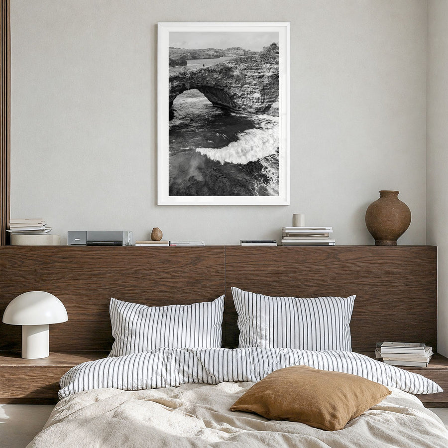 Bali Photo No 3 Poster in a white wood frame, hanging in a bedroom, white border