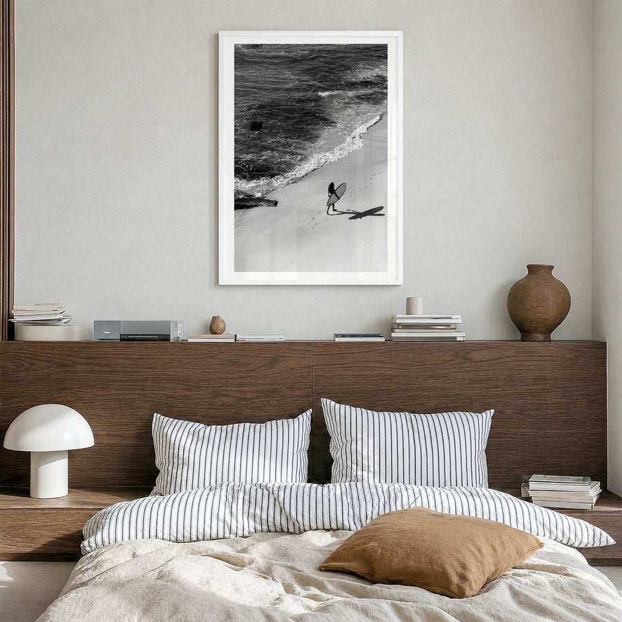 Bali Photo No 4 Poster in a white wood frame, hanging in a bedroom, white border