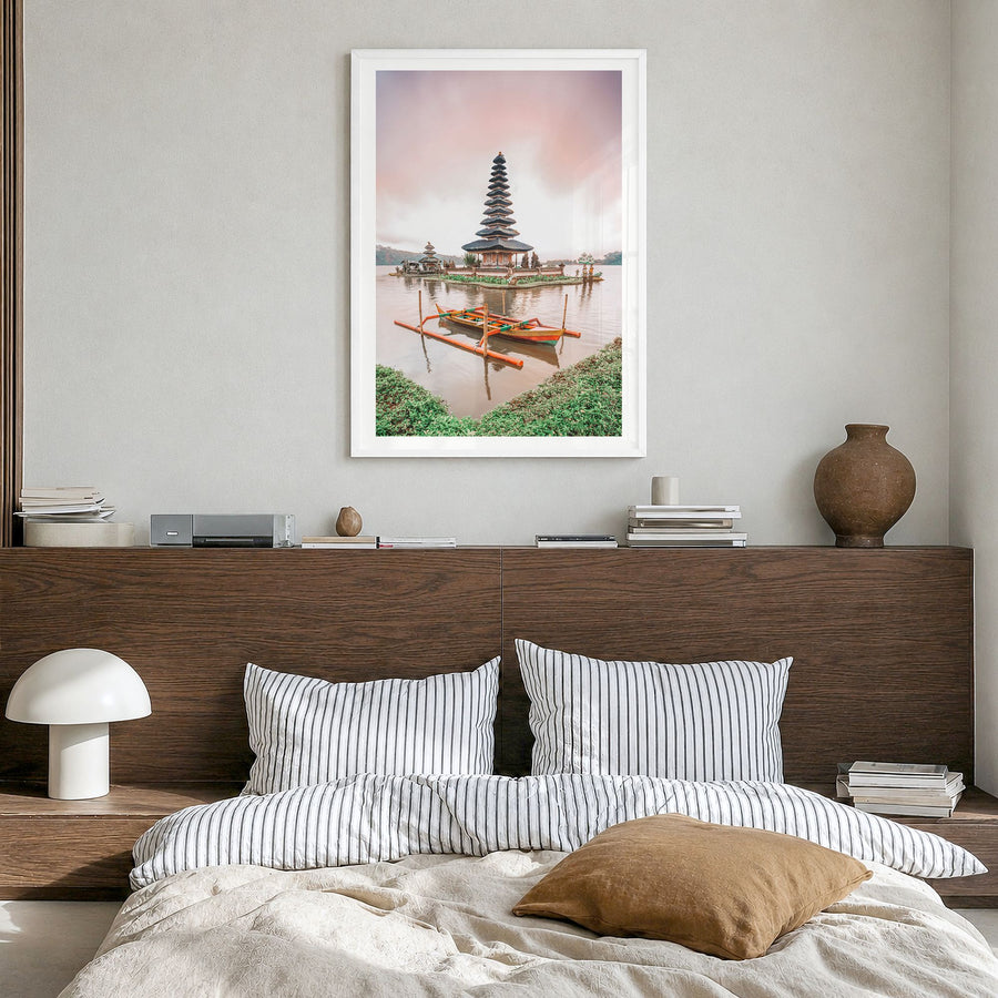 Bali Photo No 1 Poster in a white wood frame, hanging in a bedroom, white border