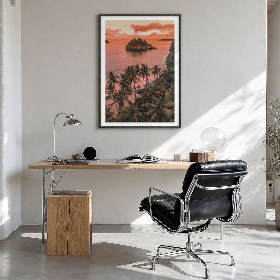 Bali Photo No 2 Poster in a black wood frame, hanging in a bright home office, white border