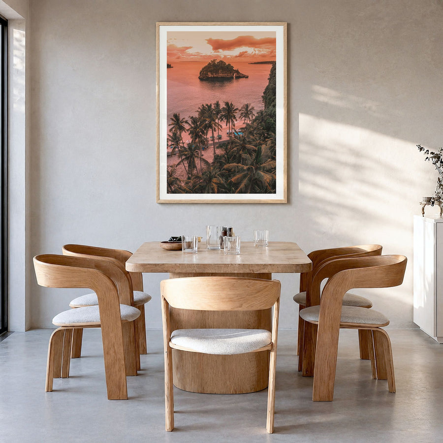Bali Photo No 2 Poster in a natural wood frame, hanging in a dining room, white border