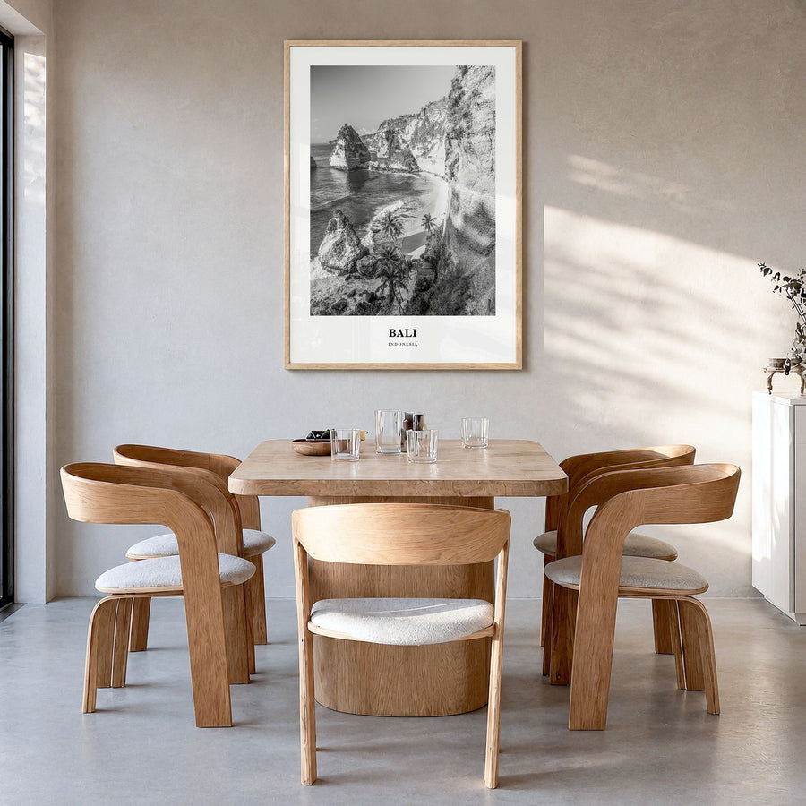 Bali Classic No 1 Poster in a natural wood frame, hanging in a dining room