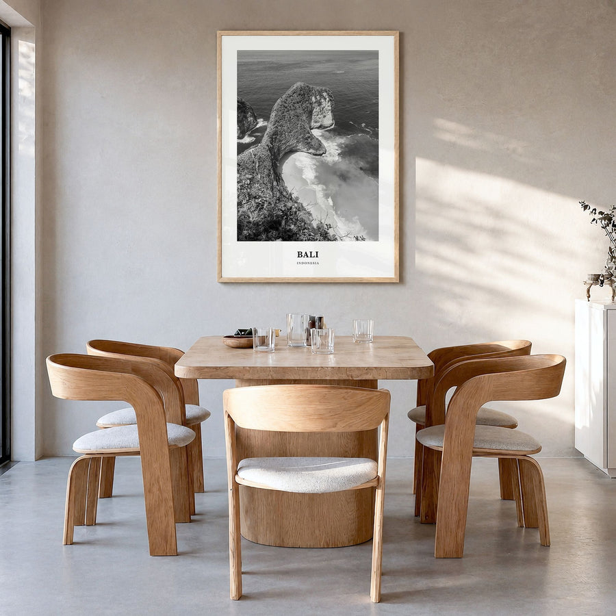 Bali Classic No 2 Poster in a natural wood frame, hanging in a dining room