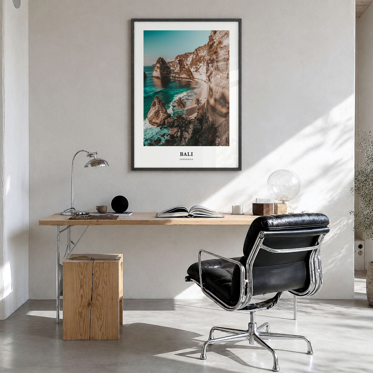 Bali Classic Poster in a black wood frame, hanging in a bright home office