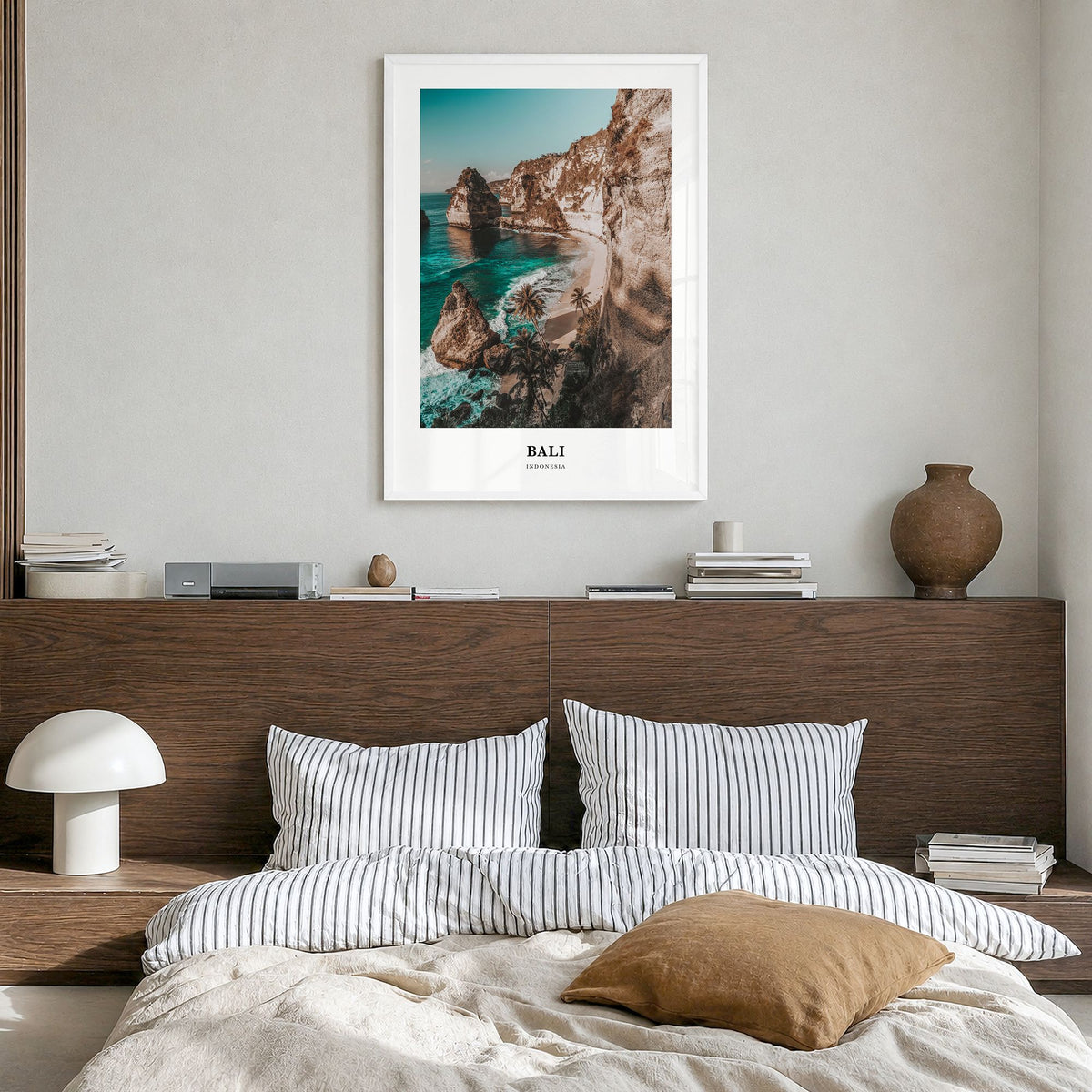 Bali Classic Poster in a white wood frame, hanging in a bedroom